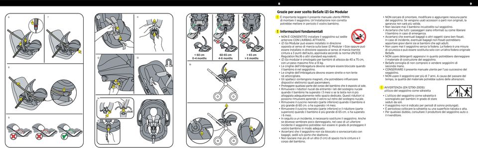 13 19 < 60 cm 0-4 months 17 18 60-65 cm 4-6 months 20 21 > 65 cm > 6 months Informazioni fondamentali NON È CONSENTITO installare il seggiolino sul sedile anteriore CON L AIRBAG ATTIVATO.