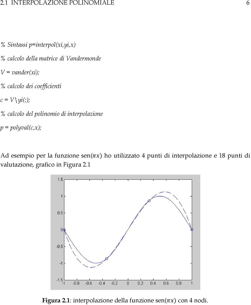 interpolazione p = polyval(c,x); Ad esempio per la funzione sen( ho utilizzato 4 punti di