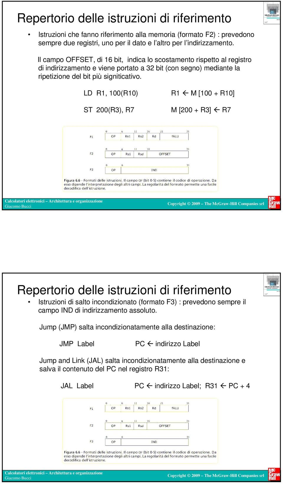 LD R1, 100(R10) R1 M [100 + R10] ST 200(R3), R7 M [200 + R3] R7 Repertorio delle istruzioni di riferimento Istruzioni di salto incondizionato (formato F3) : prevedono sempre il campo IND di