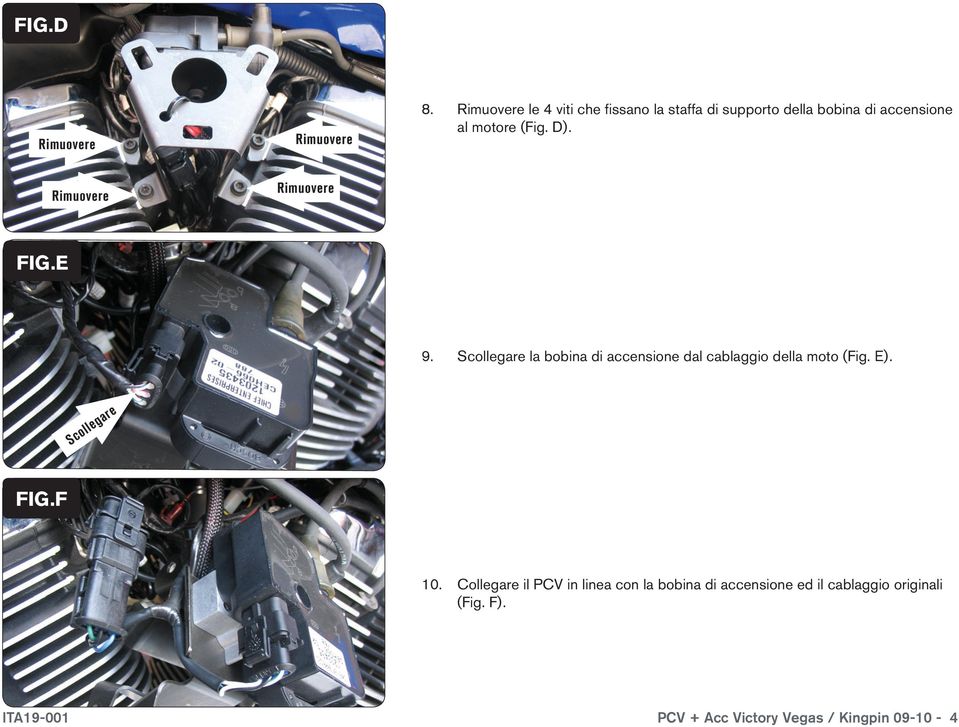 D). FIG.E 9. Scollegare la bobina di accensione dal cablaggio della moto (Fig. E).