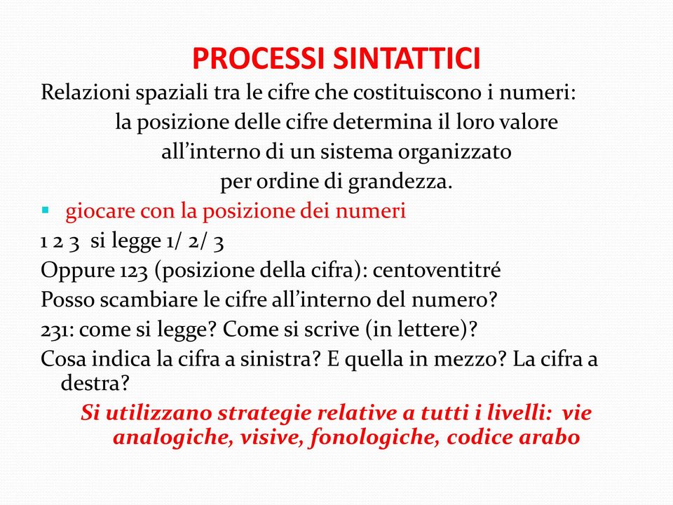 giocare con la posizione dei numeri 1 2 3 si legge 1/ 2/ 3 Oppure 123 (posizione della cifra): centoventitré Posso scambiare le cifre all