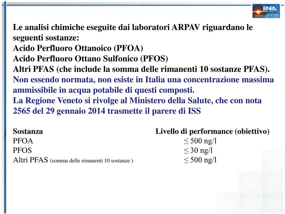 Non essendo normata, non esiste in Italia una concentrazione massima ammissibile in acqua potabile di questi composti.