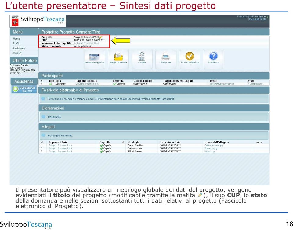 (modificabile tramite la matita ), il suo CUP, lo stato della domanda e nelle