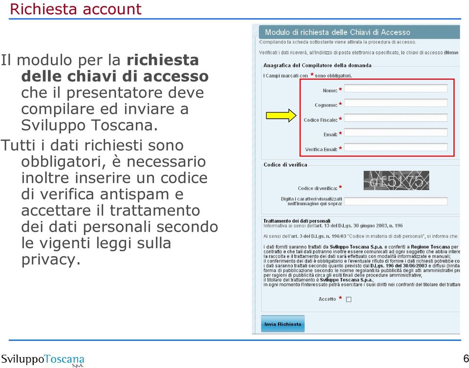 Tutti i dati richiesti sono obbligatori, è necessario inoltre inserire un codice