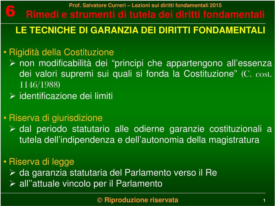 1146/1988) identificazione dei limiti Riserva di giurisdizione dal periodo statutario alle odierne garanzie costituzionali a