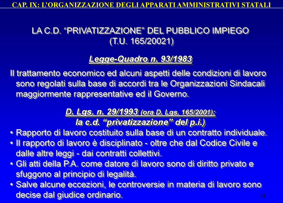 Governo. D. Lgs. n. 29/1993 (ora D. Lgs. 165/2001): la c.d. privatizzazione del p.i.) Rapporto di lavoro costituito sulla base di un contratto individuale.