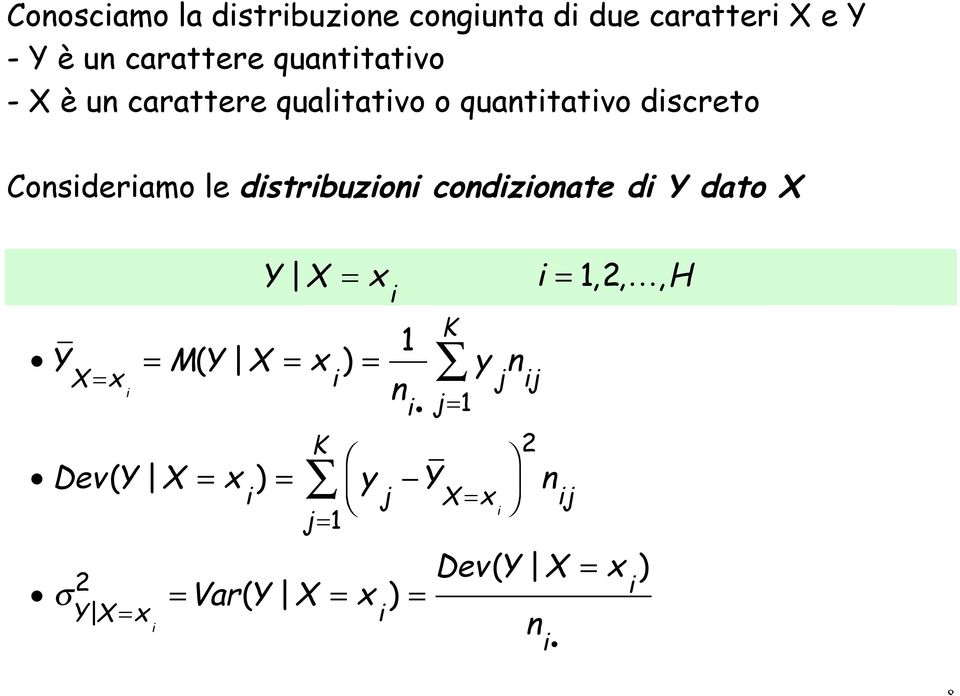 distribuzioni condizionate di Y dato X Y X =x i = M(Y X = x i ) = 1 Dev(Y X = x i ) = σ Y X