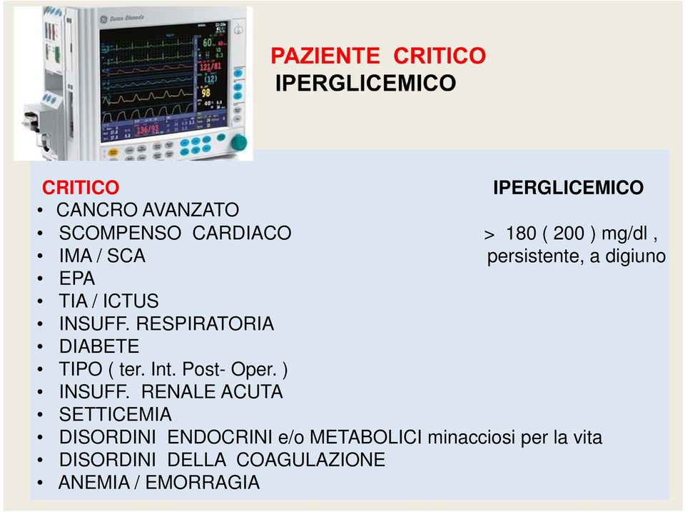 RESPIRATORIA DIABETE TIPO ( ter. Int. Post- Oper. ) INSUFF.