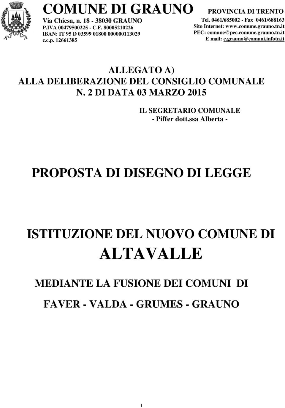 grauno@comuni.infotn.it ALLEGATO A) ALLA DELIBERAZIONE DEL CONSIGLIO COMUNALE N. 2 DI DATA 03 MARZO 2015 IL SEGRETARIO COMUNALE - Piffer dott.