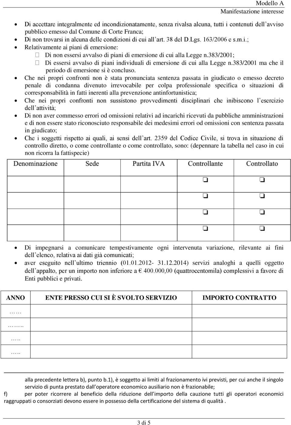 383/2001; Di essersi avvalso di piani individuali di emersione di cui alla Legge n.383/2001 ma che il periodo di emersione si è concluso.