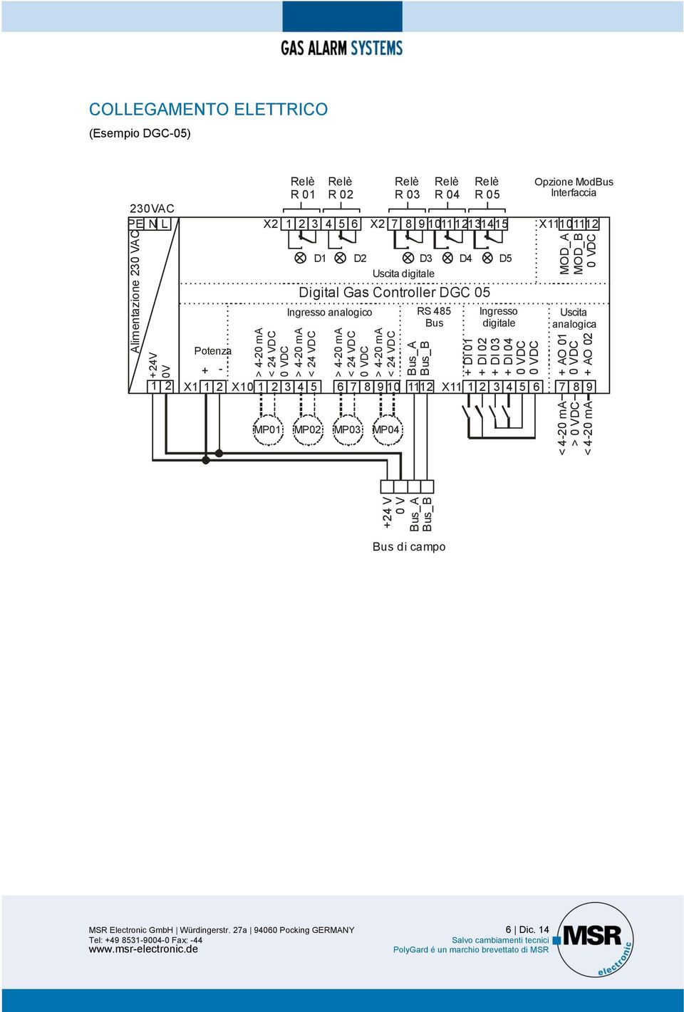 X11101112 20V 1 Potenza X1 1 2 D1 D2 D3 D4 D5 Uscita digitale Digital Gas Controller DGC 05 Ingresso analogico RS 485 Bus Ingresso digitale Uscita