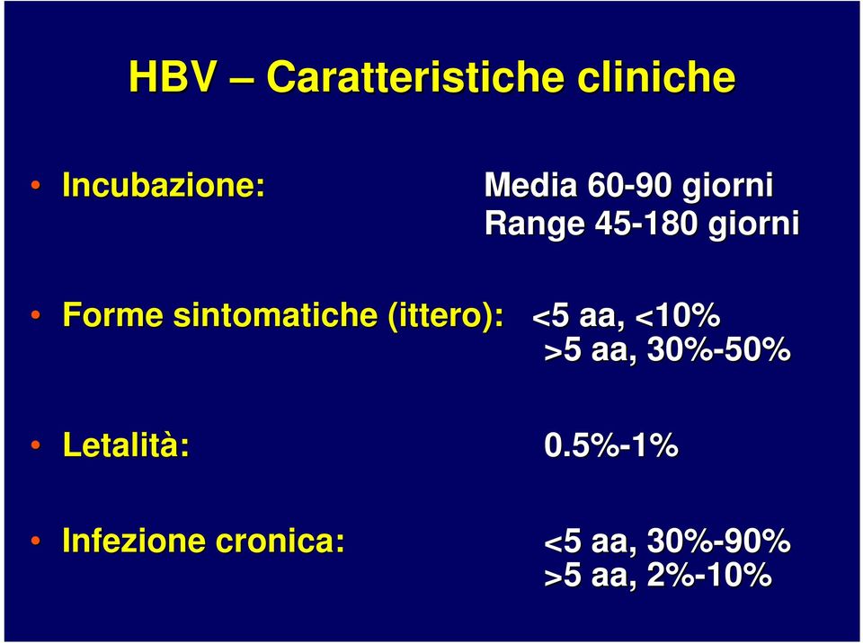 sintomatiche (ittero): <5 aa, <10% >5 aa, 30%-50%