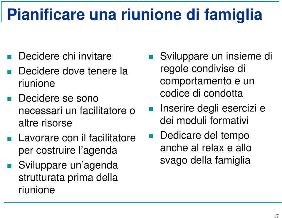 agenda strutturata prima della riunione Sviluppare un insieme di regole condivise di comportamento e un codice