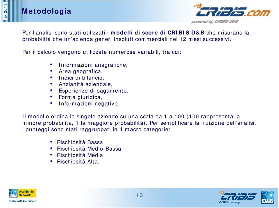 Forma giuridica, Informazioni negative. Il modello ordina le singole aziende su una scala da 1 a 100 (100 rappresenta la minore probabilità, 1 la maggiore probabilità).