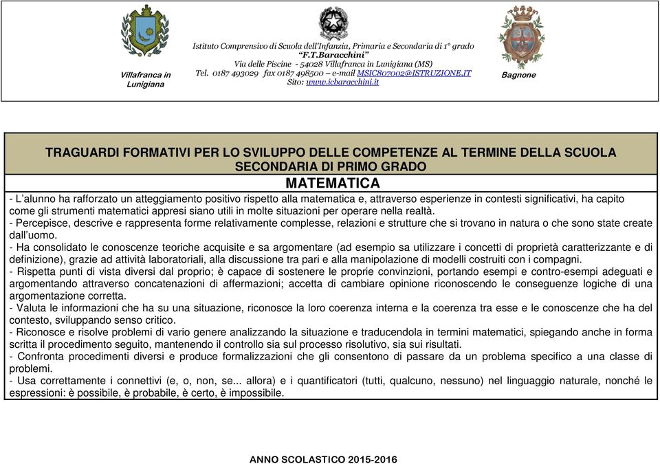 it Bagnone TRAGUARDI FORMATIVI PER LO SVILUPPO DELLE COMPETENZE AL TERMINE DELLA SCUOLA SECONDARIA DI PRIMO GRADO MATEMATICA - L alunno ha rafforzato un atteggiamento positivo rispetto alla