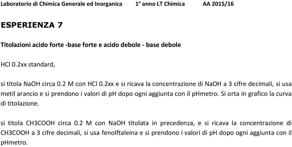 2xx e si ricava la concentrazione di NaOH a 3 cifre decimali, si usa metil arancio e si prendono i valori di ph dopo ogni aggiunta