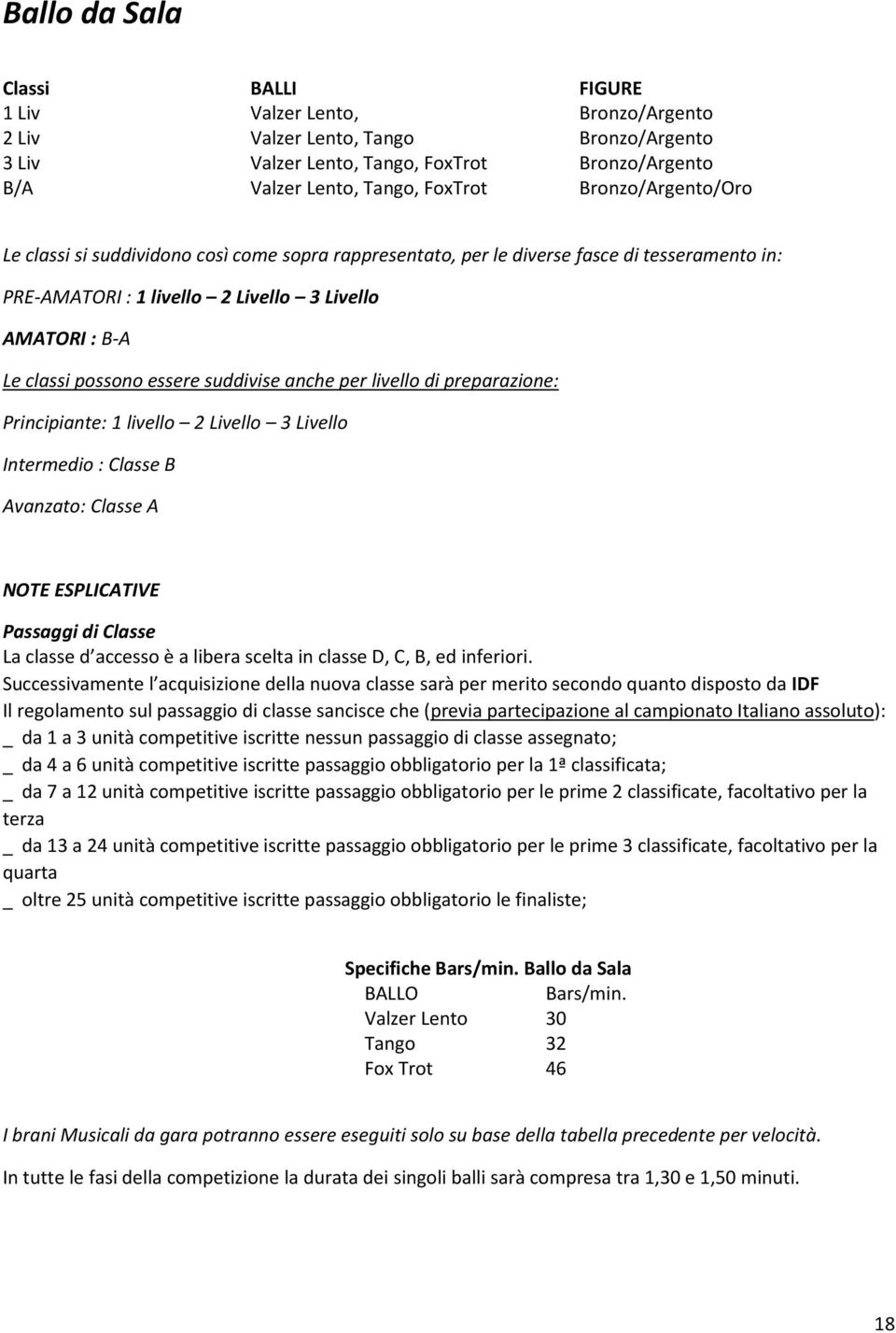 suddivise anche per livello di preparazione: Principiante: 1 livello 2 Livello 3 Livello Intermedio : Classe B Avanzato: Classe A NOTE ESPLICATIVE Passaggi di Classe La classe d accesso è a libera