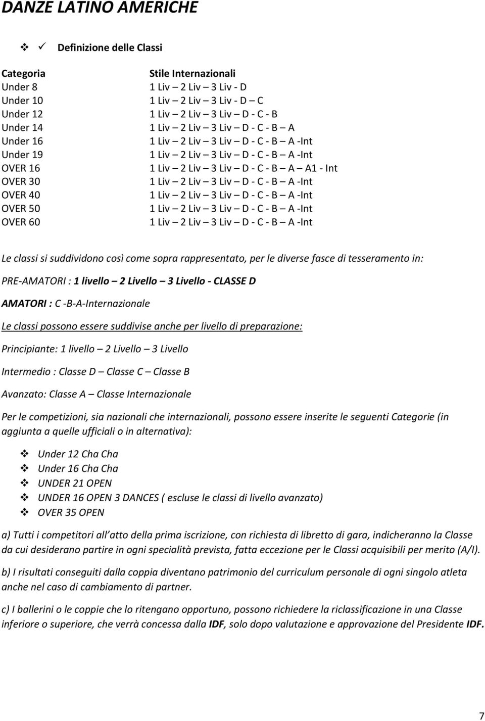 OVER 40 1 Liv 2 Liv 3 Liv D - C - B A -Int OVER 50 1 Liv 2 Liv 3 Liv D - C - B A -Int OVER 60 1 Liv 2 Liv 3 Liv D - C - B A -Int Le classi si suddividono così come sopra rappresentato, per le diverse