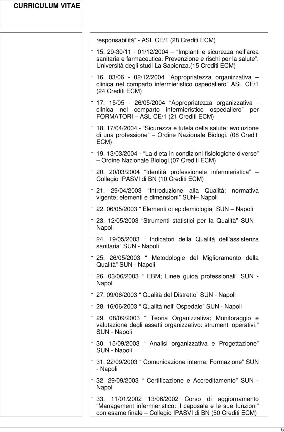 15/05-26/05/2004 Appropriatezza organizzativa - clinica nel comparto infermieristico ospedaliero per FORMATORI ASL CE/1 (21 Crediti ECM) - 18.