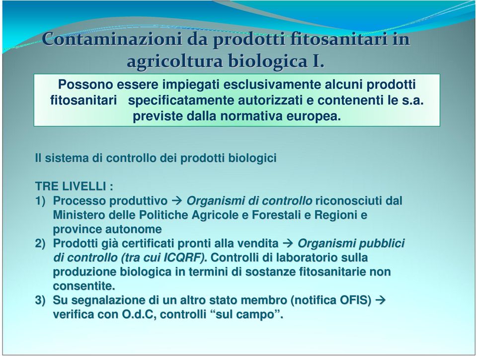 Il sistema di controllo dei prodotti biologici TRE LIVELLI : 1) Processo produttivo Organismi di controllo riconosciuti dal Ministero delle Politiche Agricole e Forestali e Regioni
