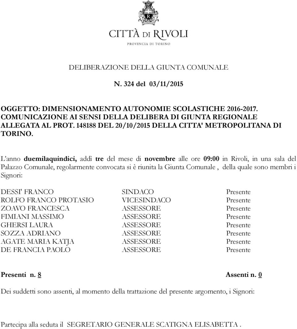 L anno duemilaquindici, addì tre del mese di novembre alle ore 09:00 in Rivoli, in una sala del Palazzo Comunale, regolarmente convocata si è riunita la Giunta Comunale, della quale sono membri i