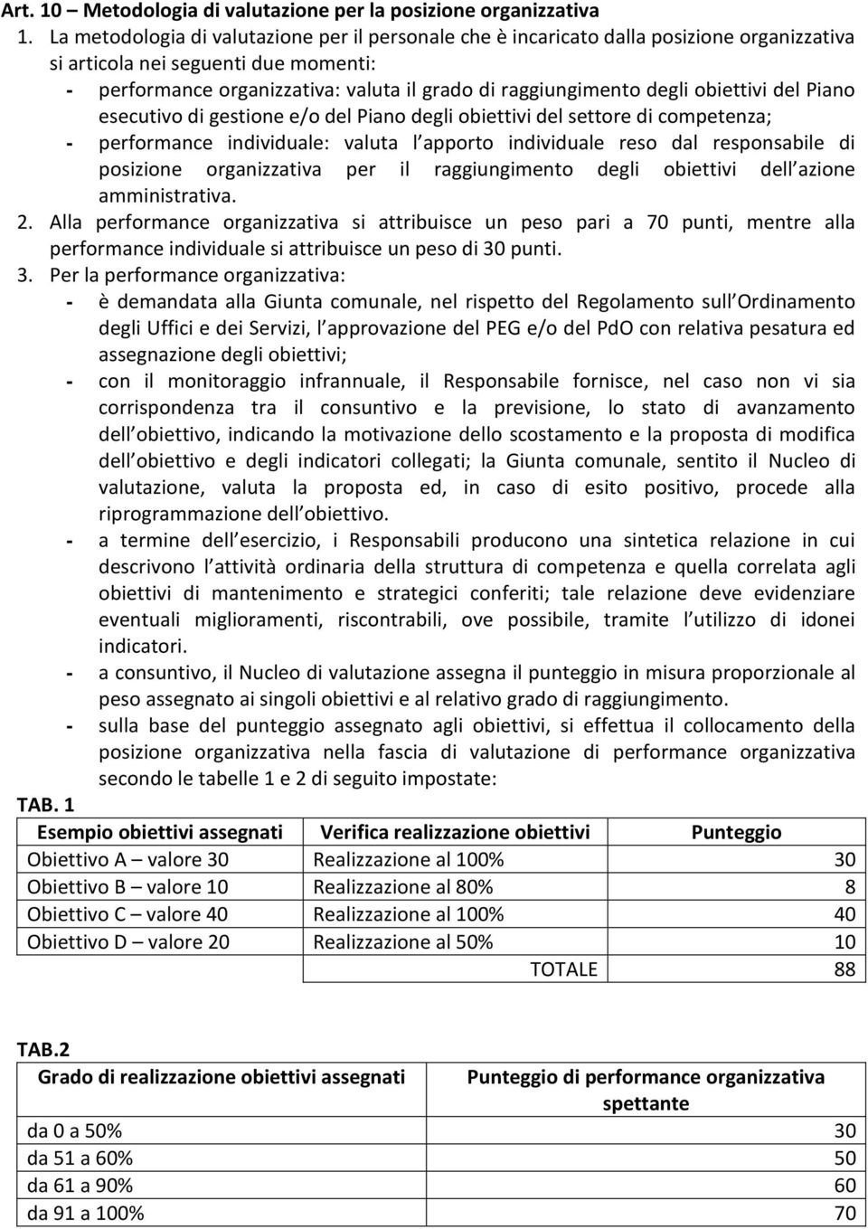 degli obiettivi del Piano esecutivo di gestione e/o del Piano degli obiettivi del settore di competenza; - performance individuale: valuta l apporto individuale reso dal responsabile di posizione