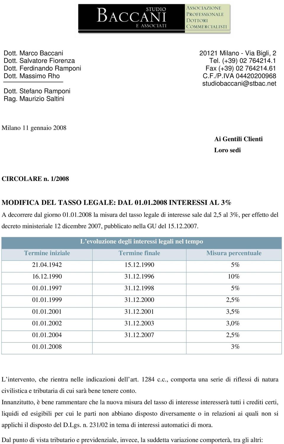 01.2008 INTERESSI AL 3% A decorrere dal giorno 01.01.2008 la misura del tasso legale di interesse sale dal 2,5 al 3%, per effetto del decreto ministeriale 12 dicembre 2007, pubblicato nella GU del 15.