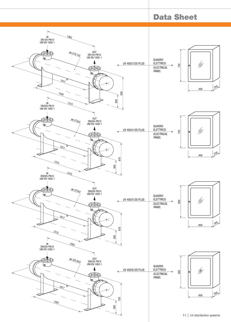 DN200-PN10 UV 400/4 DS PLUS QUADRO ELETTRICO ELECTRICAL PANEL 1917 1315 300 670 IN DN200-PN10 1315 øe 273x3 OUT DN200-PN10 UV 400/5 DS