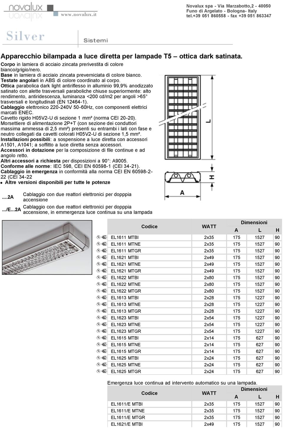 Ottica parabolica dark light antiriflesso in alluminio 99,9% anodizzato satinato con alette trasversali paraboliche chiuse superiormente: alto rendimento, antiridescenza, luminanza <200 cd/m2 per