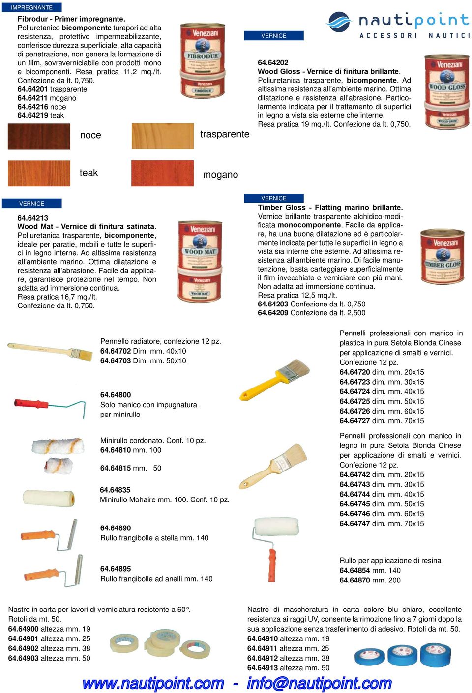 sovraverniciabile con prodotti mono e bicomponenti. Resa pratica 11,2 mq./it. Confezione da lt. 0,750. 64.64201 trasparente 64.64211 mogano 64.64216 noce 64.64219 teak noce trasparente VERNICE 64.