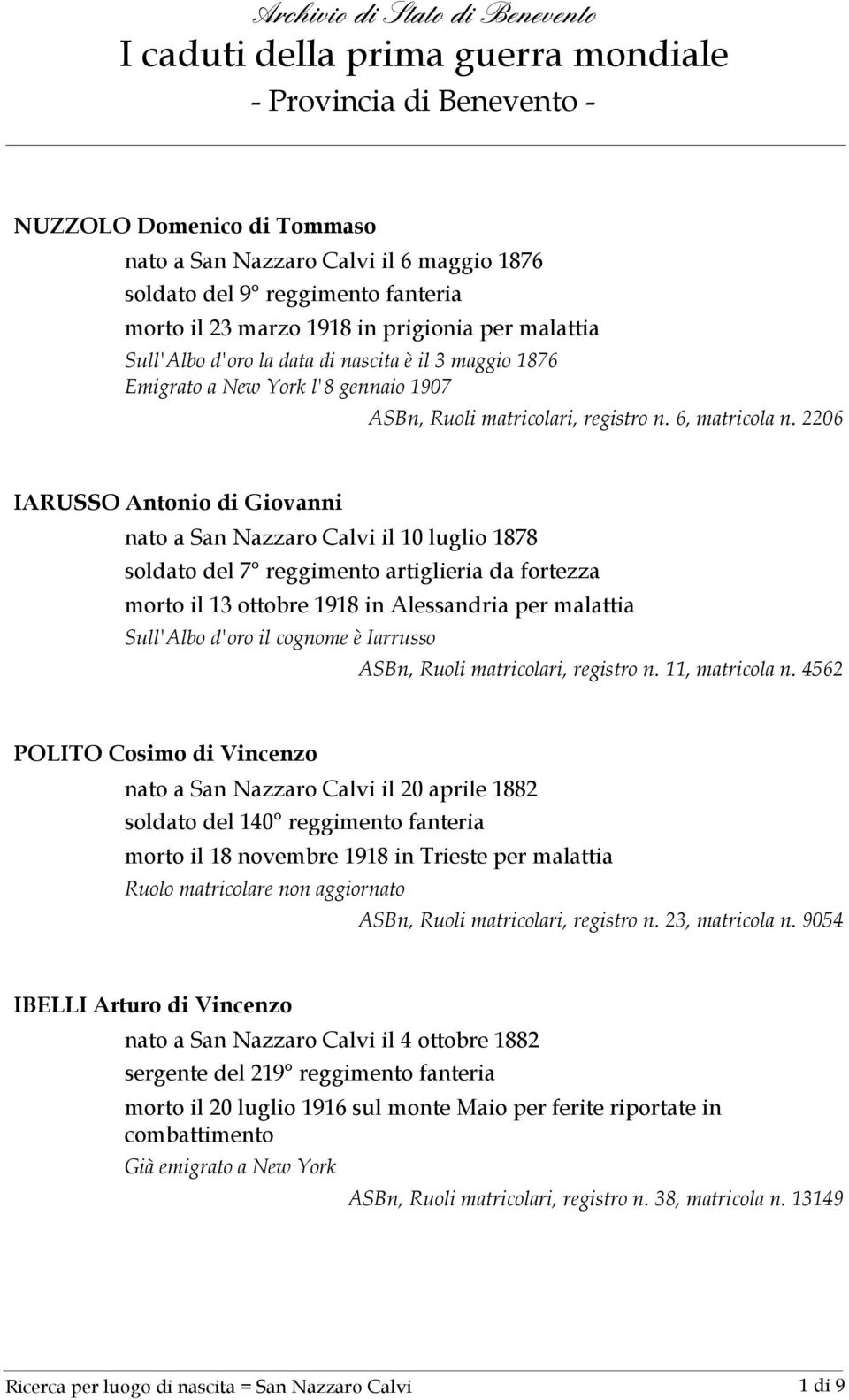 2206 IARUSSO Antonio di Giovanni nato a San Nazzaro Calvi il 10 luglio 1878 soldato del 7 reggimento artiglieria da fortezza morto il 13 ottobre 1918 in Alessandria per malattia Sull'Albo d'oro il