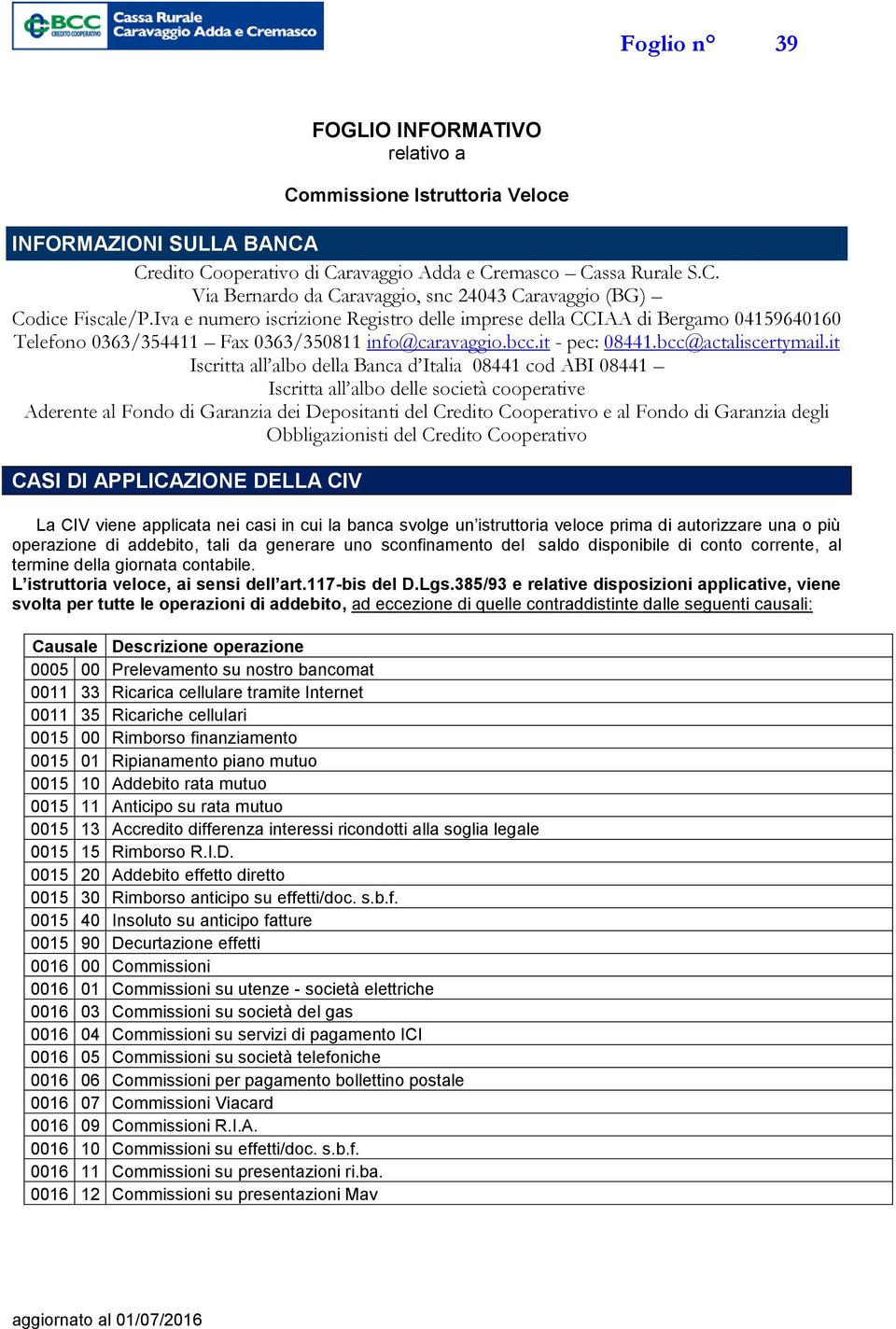 it Iscritta all albo della Banca d Italia 08441 cod ABI 08441 Iscritta all albo delle società cooperative Aderente al Fondo di Garanzia dei Depositanti del Credito Cooperativo e al Fondo di Garanzia