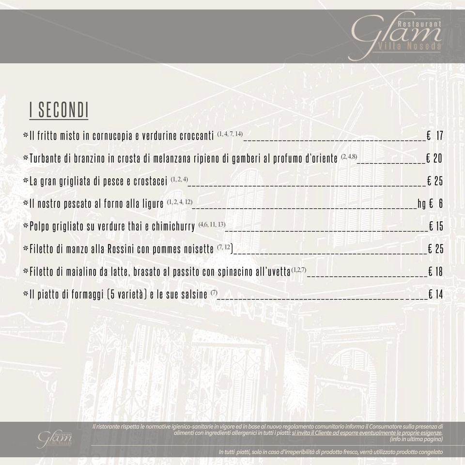 2, 4, 12) hg 6 * Polpo grigliato su verdure thai e chimichurry (4,6, 11, 13) 15 * Filetto di manzo alla Rossini con pommes noisette (7, 12 )