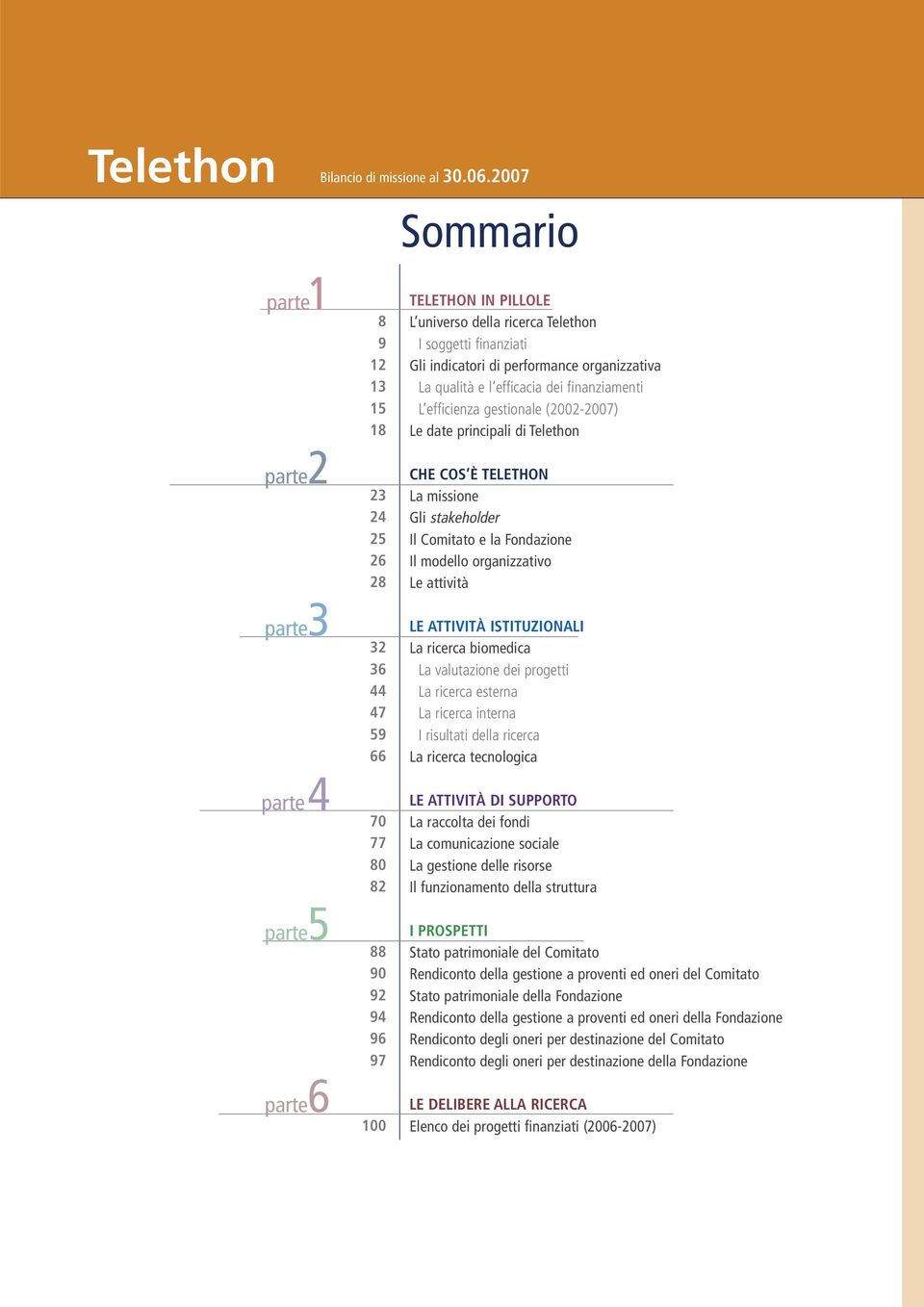 soggetti finanziati Gli indicatori di performance organizzativa La qualità e l efficacia dei finanziamenti L efficienza gestionale (2002-2007) Le date principali di Telethon CHE COS È TELETHON La