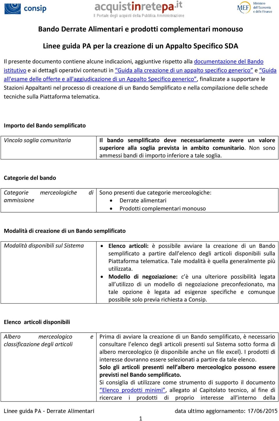 Specifico generico, finalizzate a supportare le Stazioni Appaltanti nel processo di creazione di un Bando Semplificato e nella compilazione delle schede tecniche sulla Piattaforma telematica.