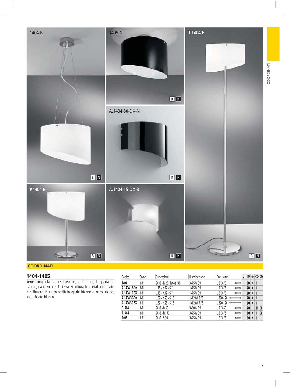 bianco o nero lucido, incamiciato bianco. 1404 B-N Ø 32 - h.23 - h.tot.140 3x75W G9 L.213-75 20 X I A.1404-15-DX B-N L.15 - h.12 - S.7 1x75W G9 L.213-75 20 X I A.1404-15-SX B-N L.