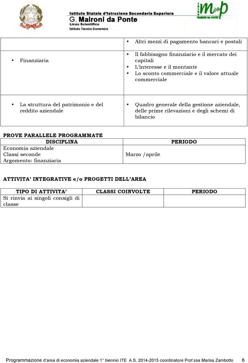 PARALLELE PROGRAMMATE DISCIPLINA Economia aziendale Classi seconde Argomento: finanziaria Marzo /aprile PERIODO ATTIVITA INTEGRATIVE e/o PROGETTI DELL AREA TIPO DI