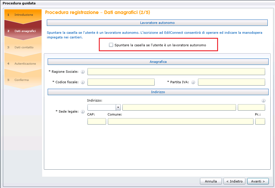 Indicare se l utente è un lavoratore autonomo: Compilare quindi i dati anagrafici e