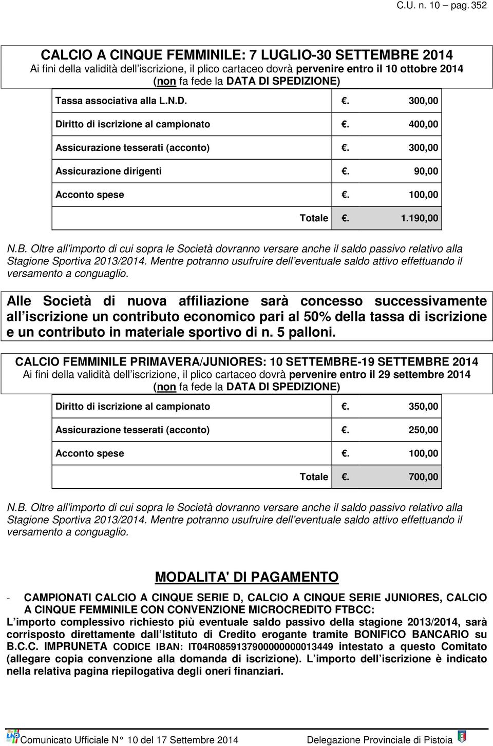 associativa alla L.N.D.. 300,00 Diritto di iscrizione al campionato. 400,00 Assicurazione tesserati (acconto). 300,00 Assicurazione dirigenti. 90,00 Acconto spese. 100,00 Totale. 1.190,00 N.B.