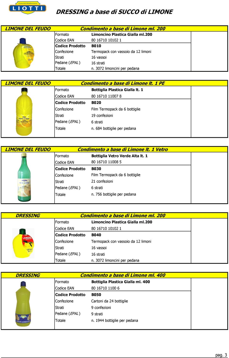 684 bottiglie per pedana LIMONE DEL FEUDO Condimento a base di Limone lt. 1 Vetro Bottiglia Vetro Verde Alta lt. 1 80 16710 11008 5 B030 DRESSING Condimento a base di Limone ml.