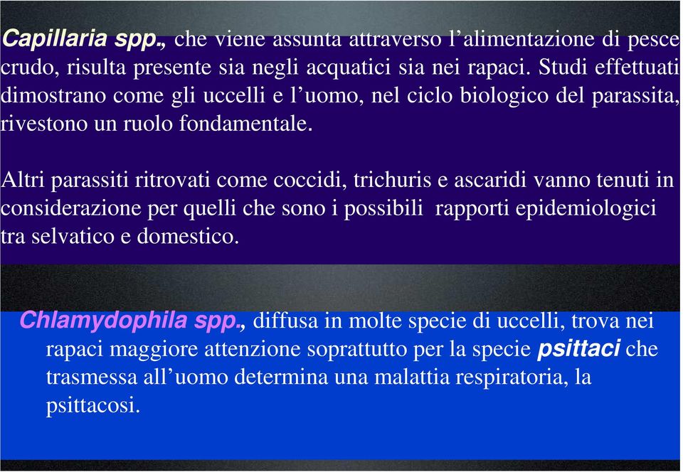 Altri parassiti ritrovati come coccidi, trichuris e ascaridi vanno tenuti in considerazione per quelli che sono i possibili rapporti epidemiologici tra