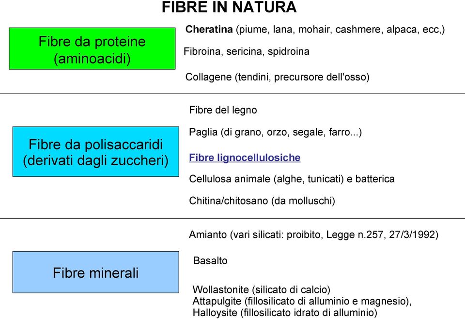 ..) Fibre lignocellulosiche Cellulosa animale (alghe, tunicati) e batterica Chitina/chitosano (da molluschi) Amianto (vari silicati: proibito, Legge n.