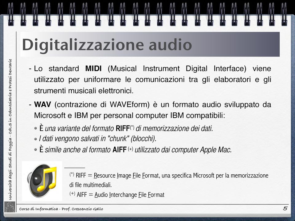 - WAV (contrazione di WAVEform) è un formato audio sviluppato da Microsoft e IBM per personal computer IBM compatibili: È una variante del formato RIFF (*) di