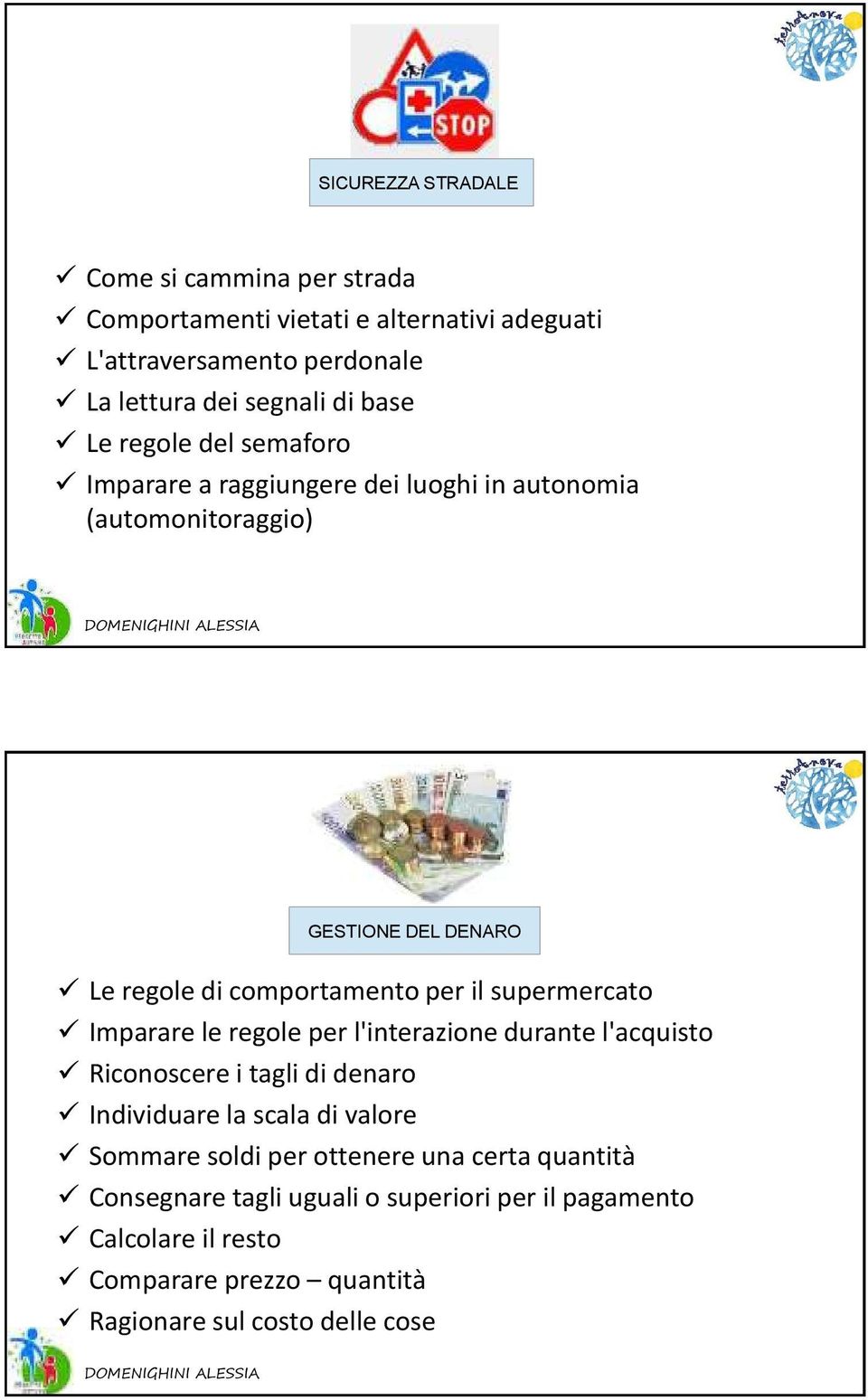 supermercato Imparare le regole per l'interazione durante l'acquisto Riconoscere i tagli di denaro Individuare la scala di valore Sommare soldi per