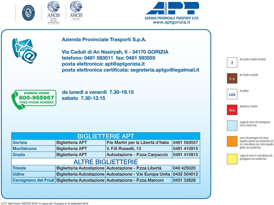 15 sab fes di sabato domenica e festivi BIGLIETTERIE APT Gorizia Biglietteria APT P.le Martiri per la Libertà d Italia 0481 593557 Monfalcone Biglietteria APT V. F.