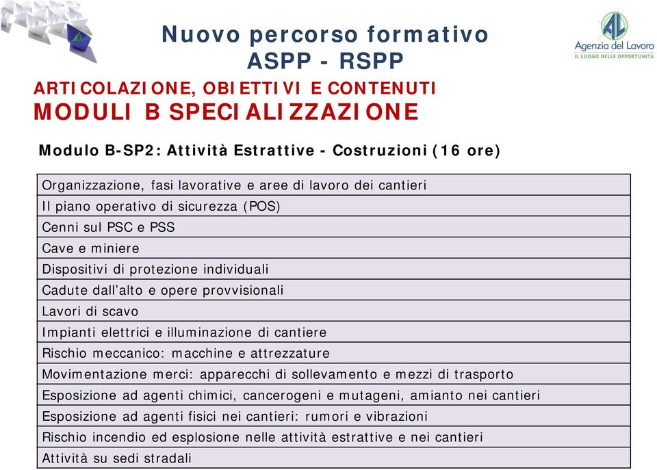 di cantiere Rischio meccanico: macchine e attrezzature Movimentazione merci: apparecchi di sollevamento e mezzi di trasporto Esposizione ad agenti chimici, cancerogeni e mutageni, amianto nei