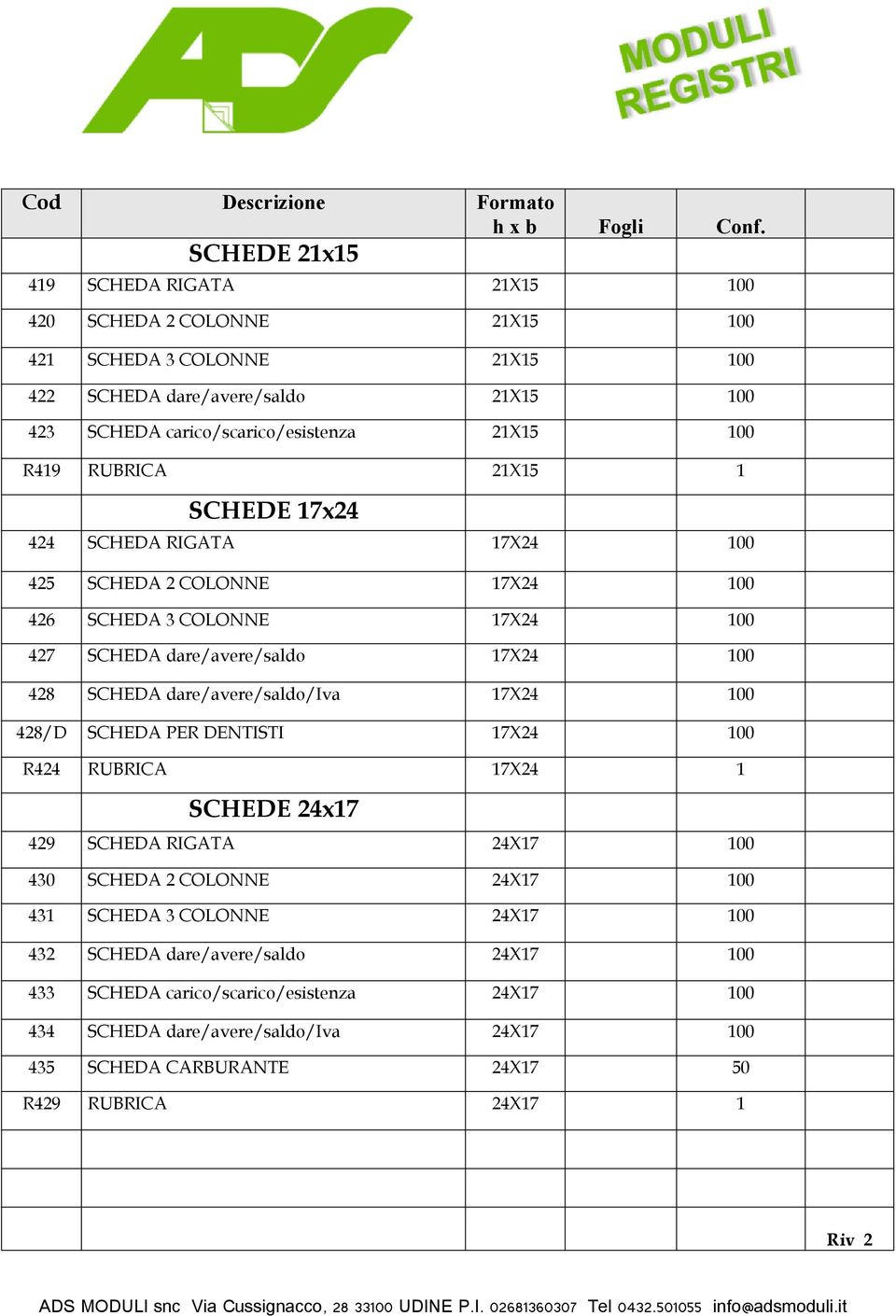 RUBRICA 21X15 1 SCHEDE 17x24 424 SCHEDA RIGATA 17X24 100 425 SCHEDA 2 COLONNE 17X24 100 426 SCHEDA 3 COLONNE 17X24 100 427 SCHEDA dare/avere/saldo 17X24 100 428 SCHEDA dare/avere/saldo/iva