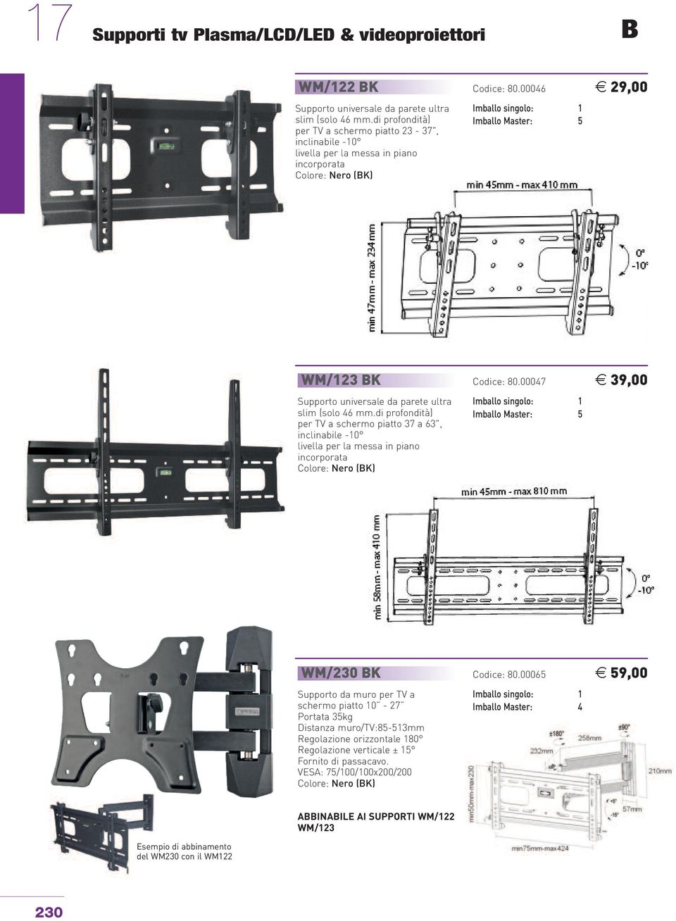 00046 h 29,00 Imballo Master: 5 WM/123 BK Supporto universale da parete ultra slim (solo 46 mm.