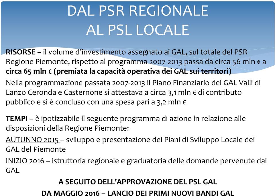 e si èconcluso con una spesa pari a 3,2 mln TEMPI èipotizzabile il seguente programma di azione in relazione alle disposizioni della Regione Piemonte: AUTUNNO 2015 sviluppo e presentazione dei Piani