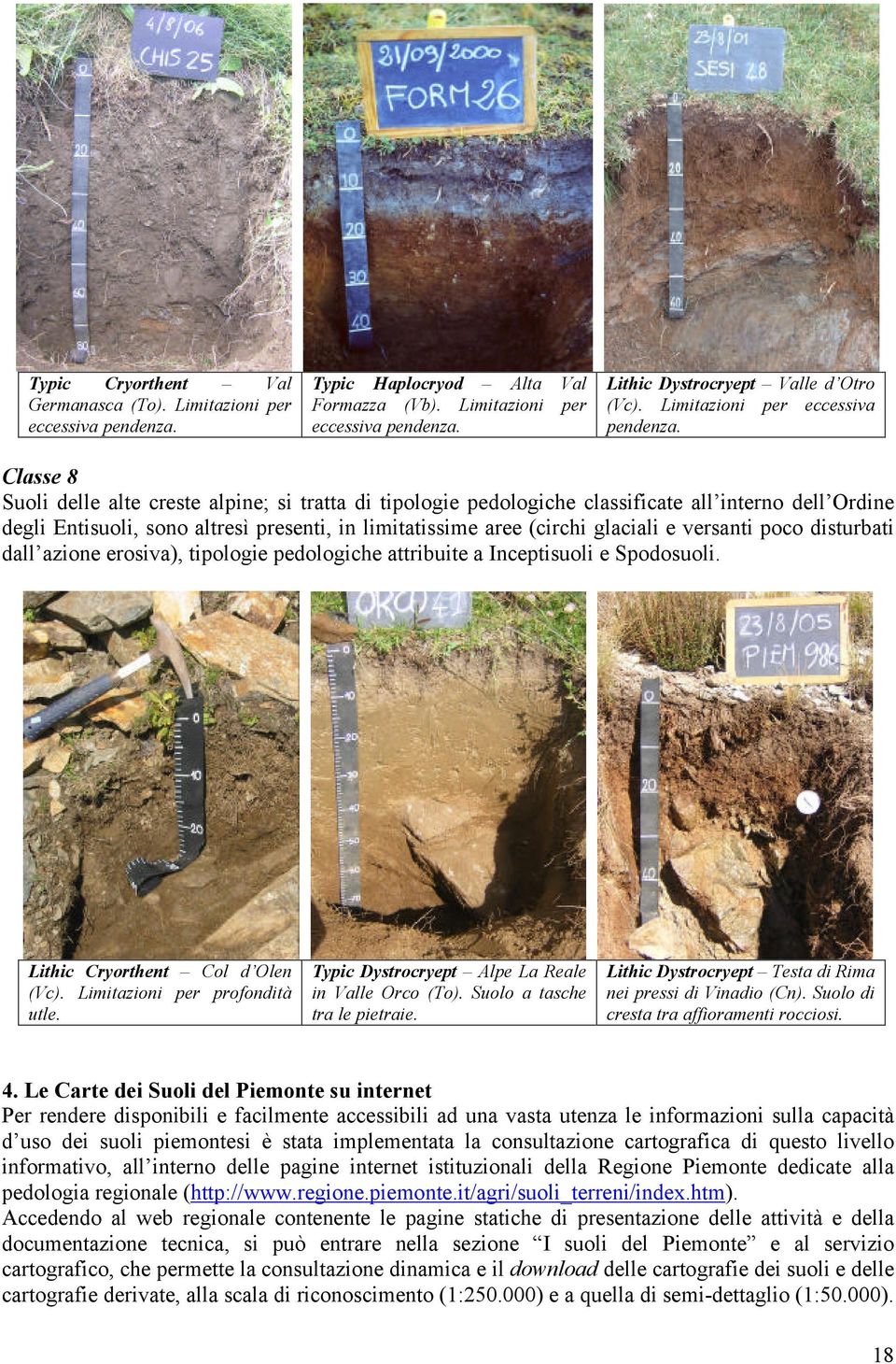 Classe 8 Suoli delle alte creste alpine; si tratta di tipologie pedologiche classificate all interno dell Ordine degli Entisuoli, sono altresì presenti, in limitatissime aree (circhi glaciali e